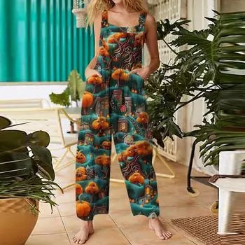 Женский комбинезон с принтом на Хэллоуин, повседневный, свободный, в стиле ретро, из хлопка и льна, комбинезон с карманами XXL циан