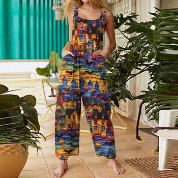 Женский комбинезон с принтом на Хэллоуин, повседневный, свободный, в стиле ретро, из хлопка и льна, комбинезон с карманами L синий