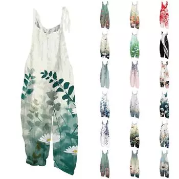 Женский комбинезон с принтом, повседневные свободные ретро-бретельки из хлопка и льна L