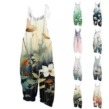 Женский комбинезон с принтом, повседневные свободные ретро-бретельки из хлопка и льна L