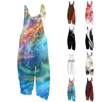 Женский комбинезон с принтом, повседневные свободные ретро-бретельки из хлопка и льна L