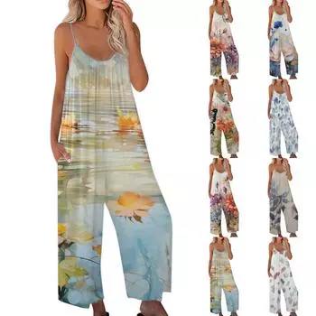 Женский комбинезон с принтом, повседневный свободный комбинезон с регулируемыми подтяжками L бежевый