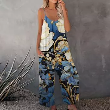 Женский комбинезон с принтом, повседневный свободный комбинезон с регулируемыми подтяжками XL циан