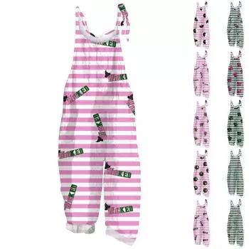 Женский комбинезон с принтом, повседневный, свободный, в стиле ретро, подтяжки, хлопок и лен XXL