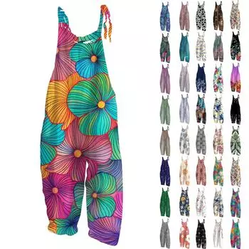 Женский комбинезон с принтом, повседневный, свободный, винтажный, с бретельками, из хлопка и льна L бежевый