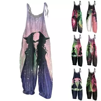 Женский комбинезон с принтом, повседневный, свободный, винтажный, с бретельками, из хлопка и льна XL