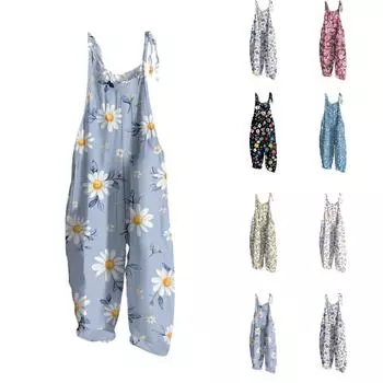 Женский комбинезон с принтом, повседневный свободный винтажный комбинезон из хлопка и льна L чёрный