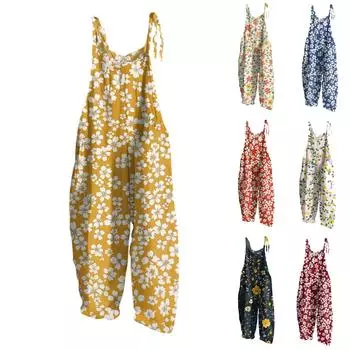 Женский комбинезон с принтом, повседневный свободный винтажный комбинезон из хлопка и льна L синий