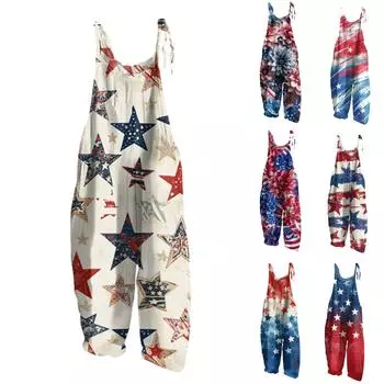Женский комбинезон с принтом, повседневный свободный винтажный комбинезон из хлопка и льна M