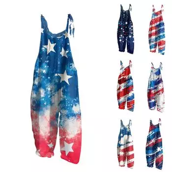 Женский комбинезон с принтом, повседневный свободный винтажный комбинезон из хлопка и льна L синий