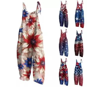 Женский комбинезон с принтом, повседневный свободный винтажный комбинезон из хлопка и льна L винный