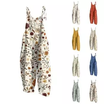 Женский комбинезон с принтом, повседневный свободный винтажный комбинезон из хлопка и льна L синий