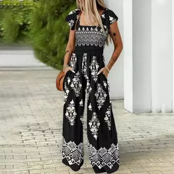 Женский комбинезон с принтом в стиле бохо, повседневный, с высокой талией, широкими штанинами и карманом L чёрный