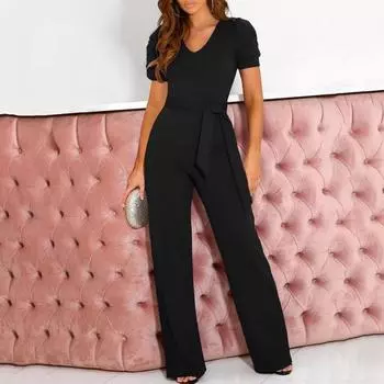 Женский комбинезон с прямыми однотонными рукавами, потайной молнией, короткими широкими штанинами и V-образным вырезом на шнуровке с поясом L темно-зеленого