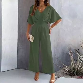 Женский комбинезон с пышными рукавами и широкими штанинами, однотонный, плиссированный L армия зеленый