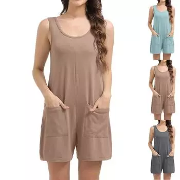 Женский комбинезон с R-образным вырезом, без рукавов, майка, один комбинезон, пляжный комбинезон с карманами M синий