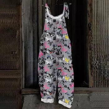 Женский комбинезон с рождественским принтом, повседневный свободный винтажный комбинезон из хлопка и льна XXL