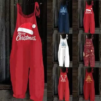 Женский комбинезон с рождественским принтом, повседневный свободный винтажный комбинезон из хлопка и льна L