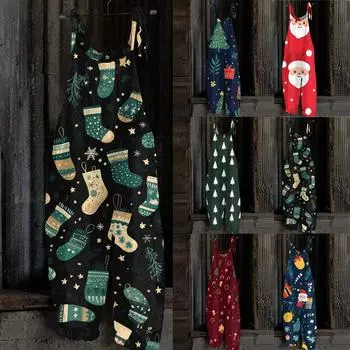Женский комбинезон с рождественским принтом, повседневный свободный винтажный комбинезон из хлопка и льна S чёрный