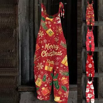 Женский комбинезон с рождественским принтом, повседневный свободный винтажный комбинезон из хлопка и льна XL