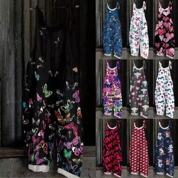 Женский комбинезон с рождественским принтом, повседневный свободный винтажный комбинезон из хлопка и льна L чёрный