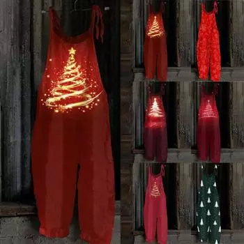 Женский комбинезон с рождественским принтом, повседневный свободный винтажный комбинезон из хлопка и льна S киноварь