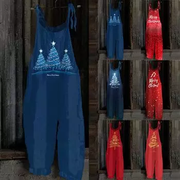 Женский комбинезон с рождественским принтом, повседневный свободный винтажный комбинезон из хлопка и льна M