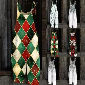 Женский комбинезон с рождественским принтом, повседневный свободный винтажный комбинезон из хлопка и льна L