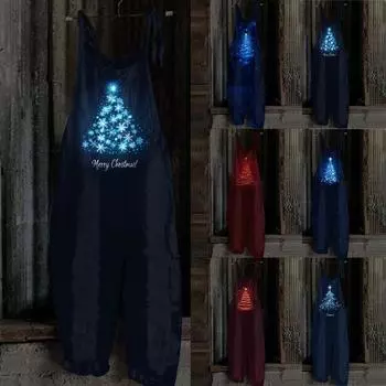 Женский комбинезон с рождественским принтом, повседневный свободный винтажный комбинезон из хлопка и льна M чёрный