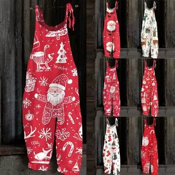 Женский комбинезон с рождественским принтом, повседневный свободный винтажный комбинезон из хлопка и льна XL киноварь