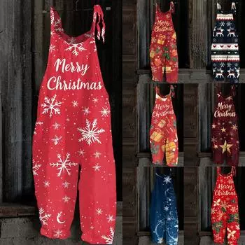 Женский комбинезон с рождественским принтом, повседневный свободный винтажный комбинезон из хлопка и льна XXXL тёмно-синий