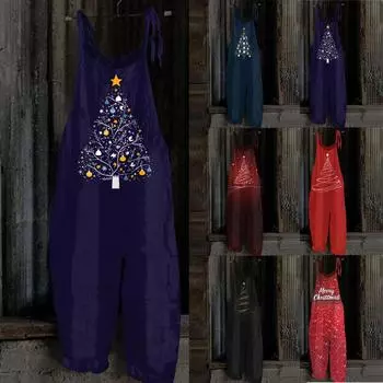 Женский комбинезон с рождественским принтом, повседневный свободный винтажный комбинезон из хлопка и льна L винный
