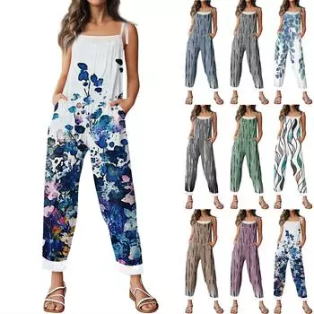 Женский комбинезон с рождественским принтом, повседневный свободный винтажный комбинезон из хлопка и льна S зелёный