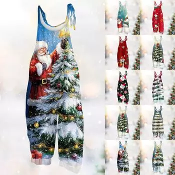 Женский комбинезон с рождественским снеговиком и принтом рождественской елки, свободный, винтажный, сзади, хлопок XXL циан