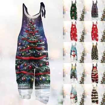 Женский комбинезон с рождественским снеговиком и принтом рождественской елки, свободный, винтажный, сзади, хлопок L циан