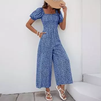 Женский комбинезон с широкими штанинами и квадратным вырезом, с принтом и рукавами-фонариками M синий
