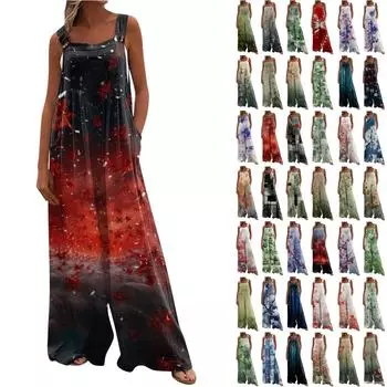 Женский комбинезон с широкими штанинами, повседневный свободный комбинезон без рукавов, длинные брюки с длинными брюками и карманами на пуговицах с обычным принтом L