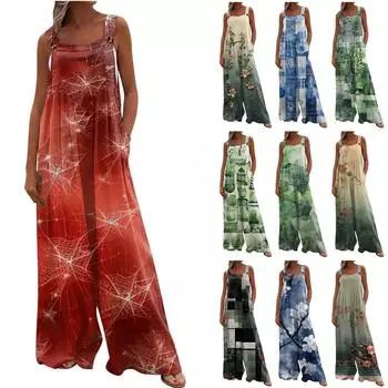 Женский комбинезон с широкими штанинами, повседневный свободный комбинезон без рукавов, длинные брюки с длинными брюками и карманами на пуговицах с обычным принтом L