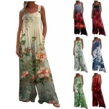 Женский комбинезон с широкими штанинами, повседневный свободный комбинезон без рукавов, длинные брюки с длинными брюками и карманами на пуговицах с обычным принтом L синий