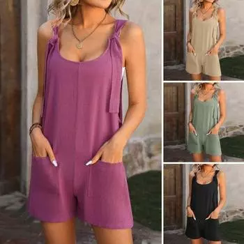 Женский комбинезон с U-образным вырезом, регулируемый ремень на шнуровке, без рукавов, сплошной цвет, карманы, свободный прямой повседневный пляжный комбинезон S красный/фиолетовый