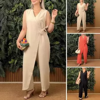 Женский комбинезон с V-образным вырезом, без рукавов, на шнуровке, с узкой талией, с широкими штанинами, асимметричный дизайн, однотонный, деловой, цельный наряд M абрикосовый