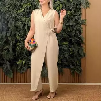 Женский комбинезон с V-образным вырезом, без рукавов, на шнуровке, с узкой талией, с широкими штанинами, асимметричный дизайн, однотонный, деловой, цельный наряд S абрикосовый