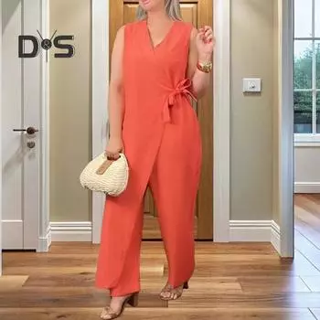 Женский комбинезон с V-образным вырезом, без рукавов, на шнуровке, с узкой талией, с широкими штанинами, асимметричный дизайн, однотонный, деловой, цельный наряд XXXL абрикосовый