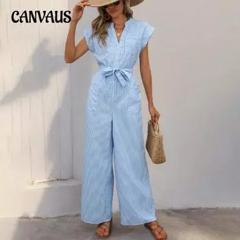 Женский комбинезон с V-образным вырезом, брюки, полосатый комбинезон в пригородном стиле со шнуровкой S синий