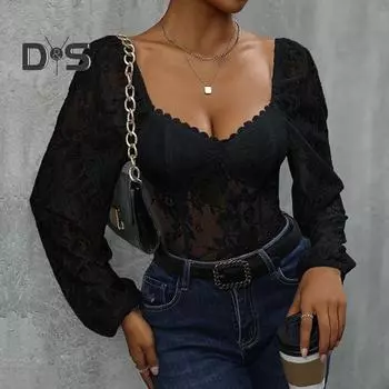 Женский комбинезон с V-образным вырезом, длинным рукавом, кружевом, пэчворком, облегающий крой, однотонная цветочная вышивка, мягкая ажурная женская блузка, боди L белый