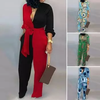 Женский комбинезон с v-образным вырезом и длинными рукавами и высокой талией, пуговицами и полунакладными карманами, осенний комбинезон с абстрактным принтом и поясом спереди XL зелёный