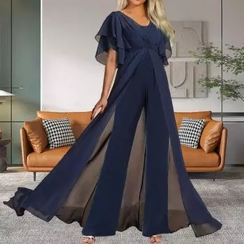 Женский комбинезон с V-образным вырезом и короткими рукавами, платье с разрезом, подол, широкие брючины, рюши, высокая талия, лоскутное платье, сплошной цвет, прозрачная молния сзади, женский комбинезон для выпускного вечера 3XL темно-синий