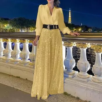 Женский комбинезон с V-образным вырезом и поясом с блестками, широкий крой, глубокая промежность, тонкая талия, длинные рукава, формальный выпускной вечер L жёлтый