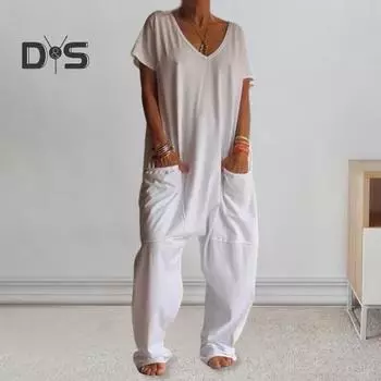 Женский комбинезон с v-образным вырезом, коротким рукавом и глубоким шаговым швом, свободный однотонный комбинезон с большими карманами, полная длина, повседневный комбинезон для повседневного ношения XL синий