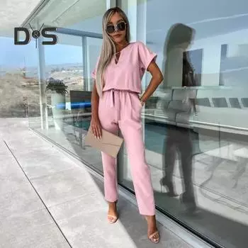 Женский комбинезон с v-образным вырезом, короткими рукавами, шнуровкой и бантом, тонкая талия, сплошной цвет, плиссированные боковые карманы, повседневный длинный комбинезон для поездок на работу L розовый